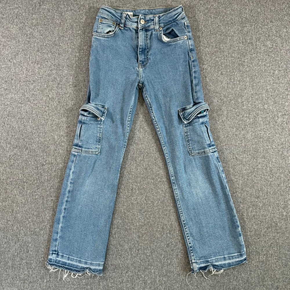 Zara Girls Blue Denim Cargo Jeans‎ Size 10 Straight Leg Frayed Hem Y2K Utility